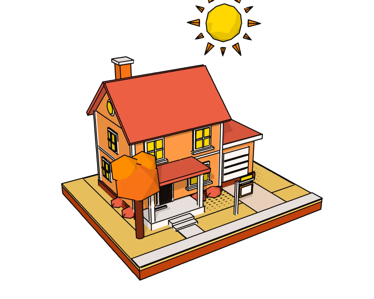 A hand-inked orange house with a For Sale sign on its lawn, under a rising sun
