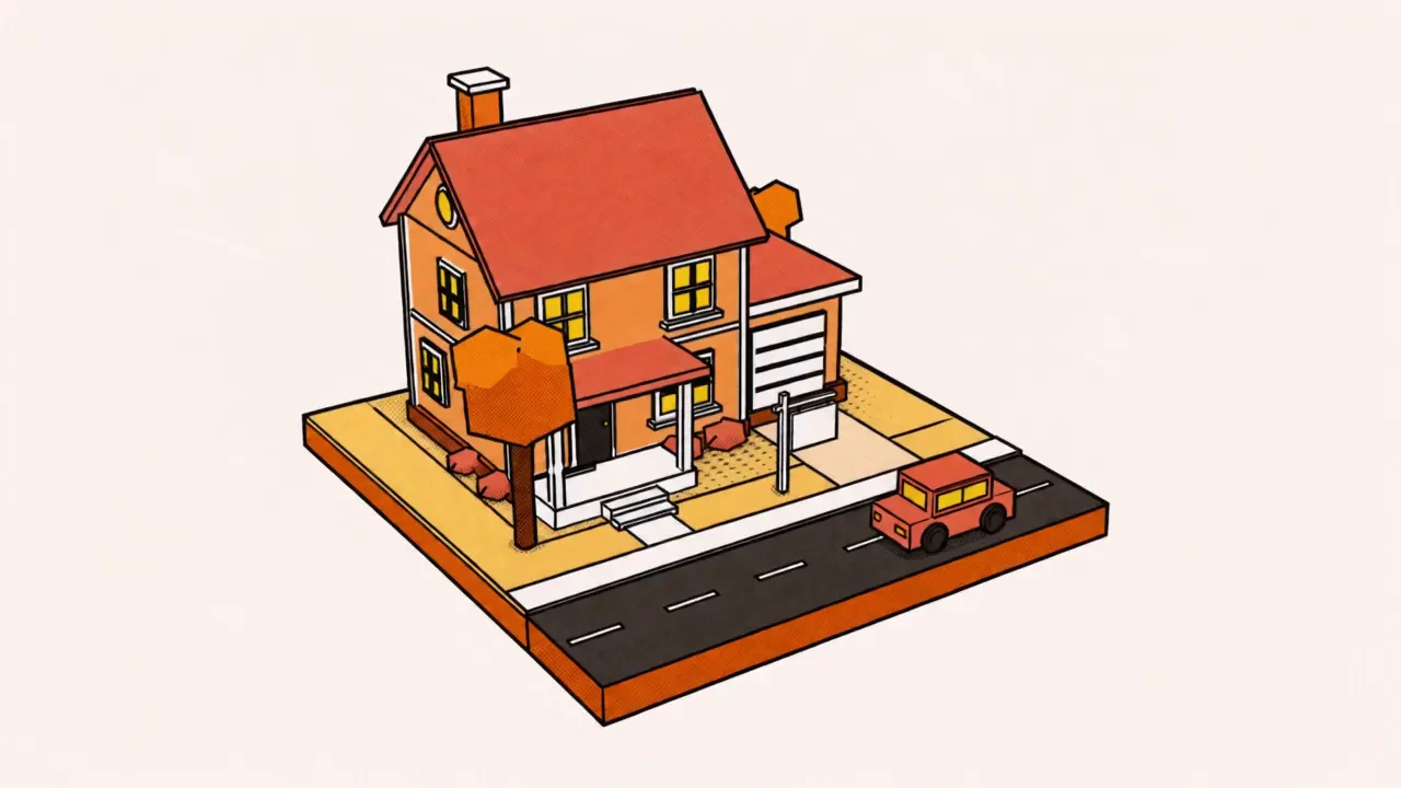 Hand-inked diorama of a suburban house with a blank For Sale sign on the lawn